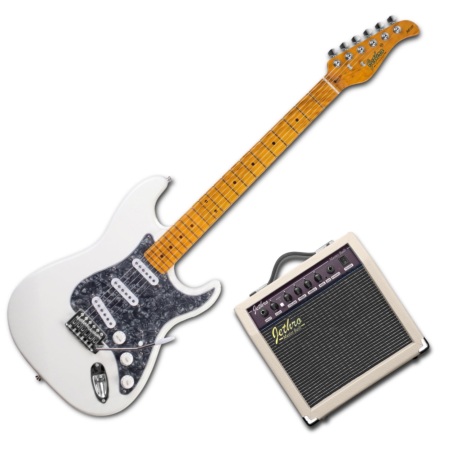 JMB107 Moonlight Kit Guitarra Eléctrica White Con Amplificador 20W y Cable Para Diestros Jethro Master Built