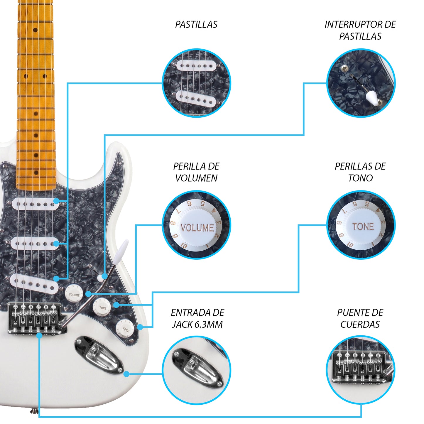 JMB107 Moonlight Kit Guitarra Eléctrica White Con Amplificador 20W y Cable Para Diestros Jethro Master Built