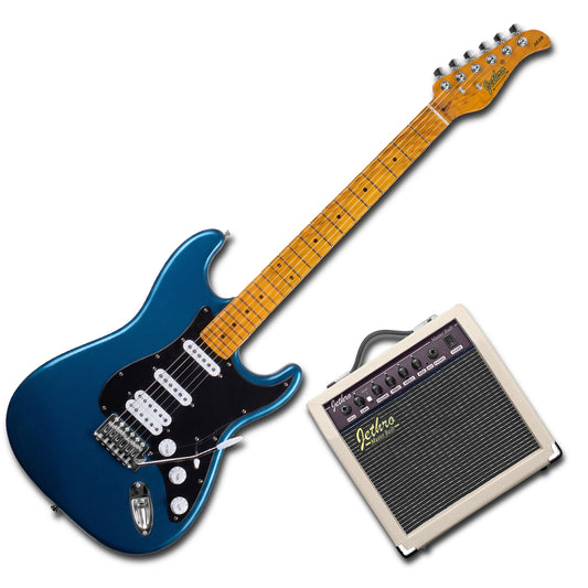 JMB108 Steel Tempest Kit Guitarra Eléctrica Metal Blue Con Amplificador 20W y Cable Para Diestros Jethro Master Built