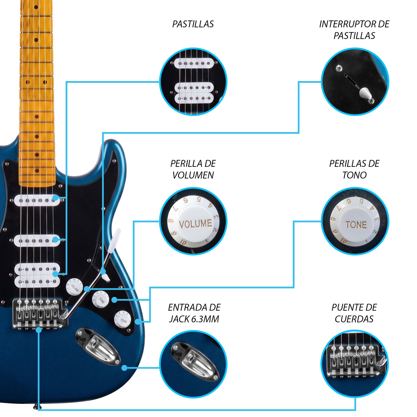 JMB108 Steel Tempest Kit Guitarra Eléctrica Metal Blue Con Amplificador 20W y Cable Para Diestros Jethro Master Built