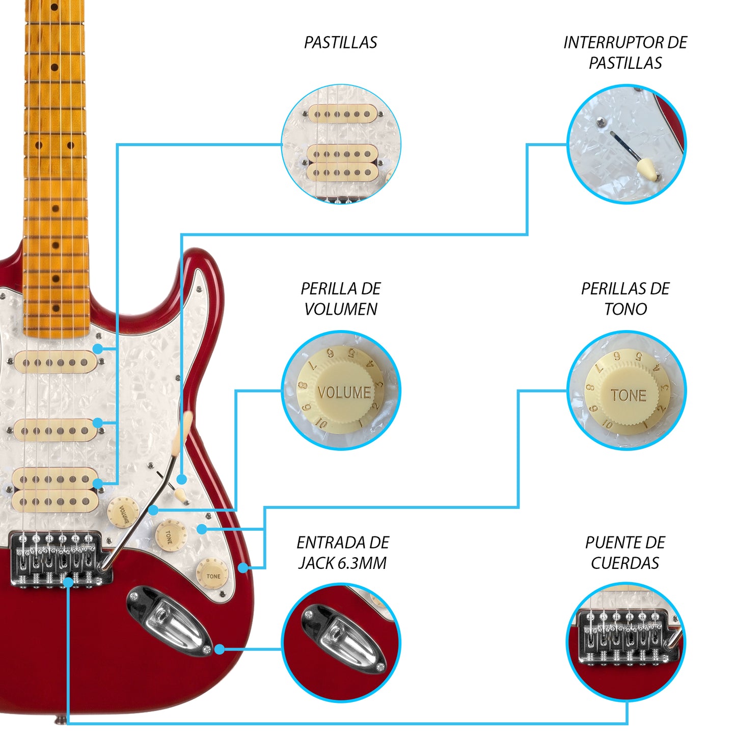 JMB109 Dragon's Heart Kit Guitarra Eléctrica Fiesta Red Con Amplificador 20W y Cable Para Diestros Jethro Master Built