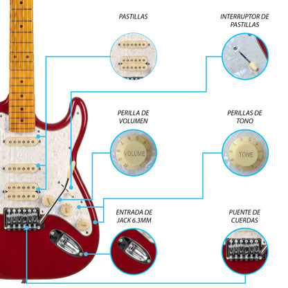 JMB109 Dragon's Heart Kit Guitarra Eléctrica Fiesta Red Con Amplificador 20W y Cable Para Diestros Jethro Master Built