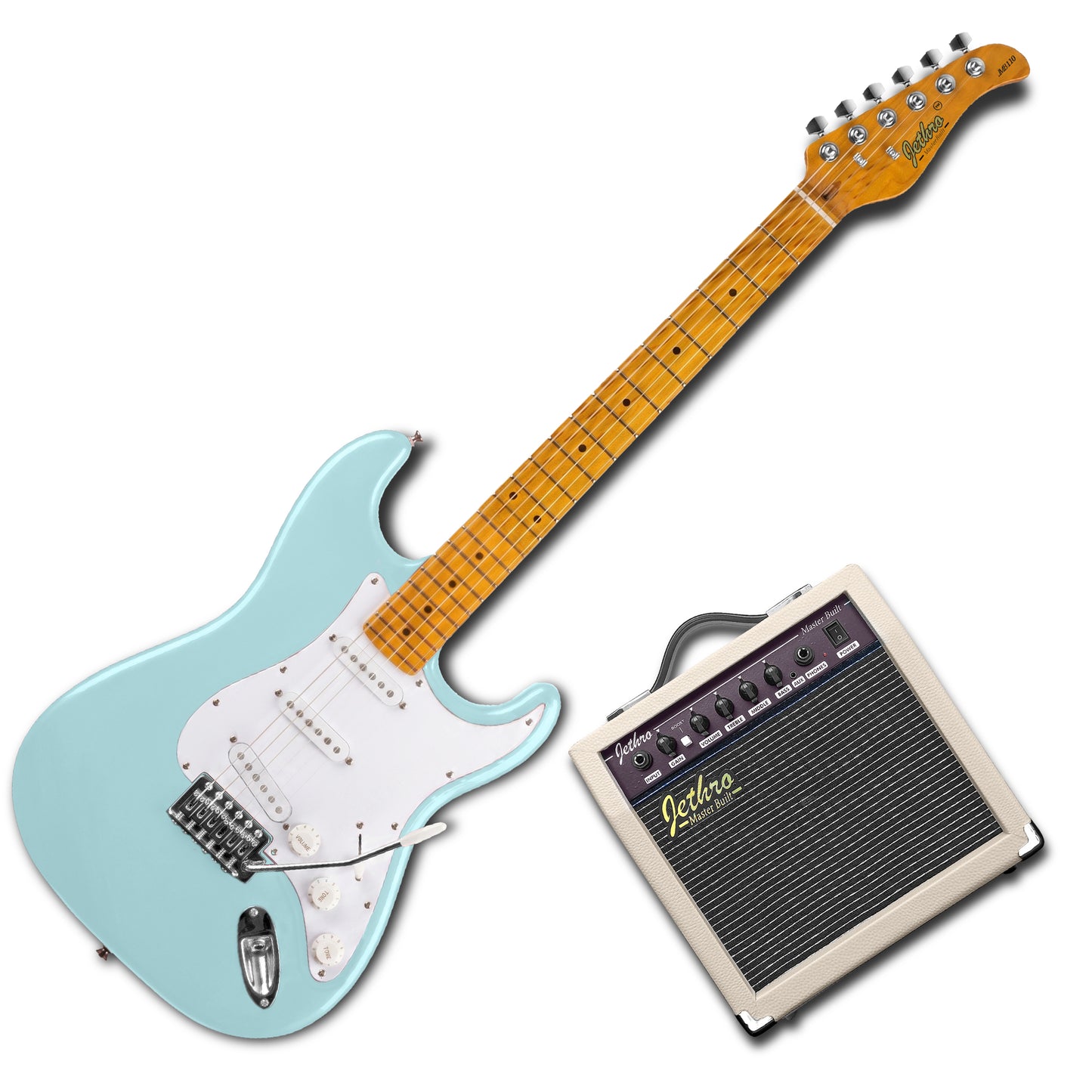 JMB110 Baby Blue Kit Guitarra Eléctrica Soft Blue Con Amplificador 20W y Cable Para Diestros Jethro Master Built