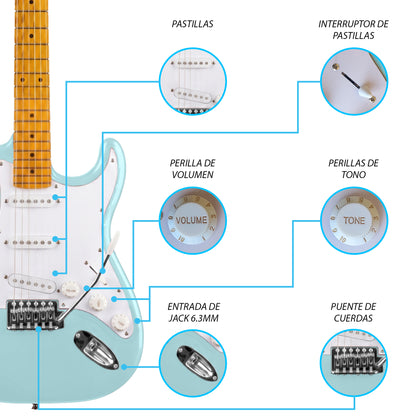 JMB110 Baby Blue Kit Guitarra Eléctrica Soft Blue Con Amplificador 20W y Cable Para Diestros Jethro Master Built