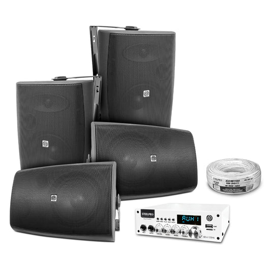 AB125-W80X4-KB Kit Amplificador 500W con 4 Bocinas 8" Negras Casa Negocio Steelpro