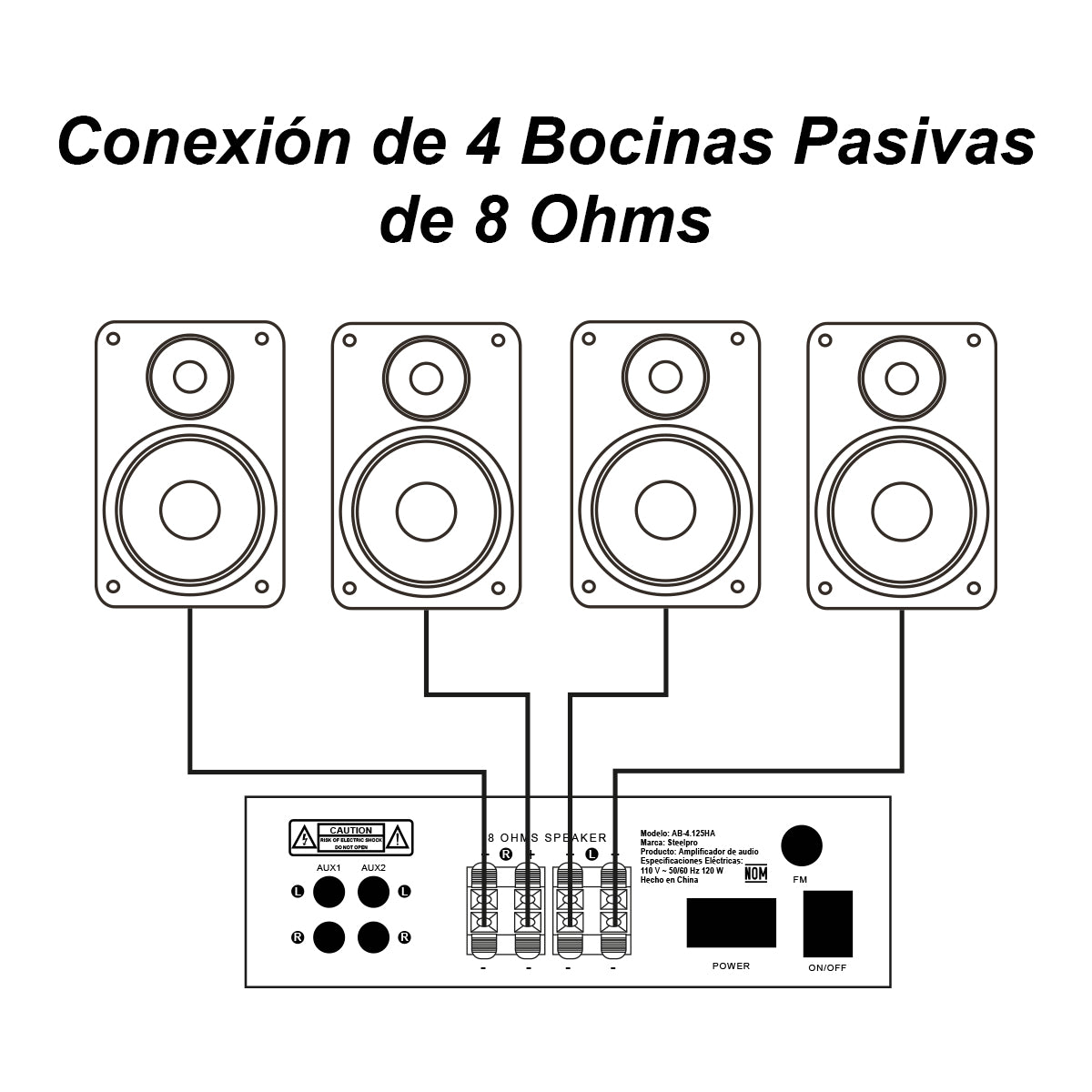 AB125-W80X4-KB Kit Amplificador 500W con 4 Bocinas 8" Negras Casa Negocio Steelpro