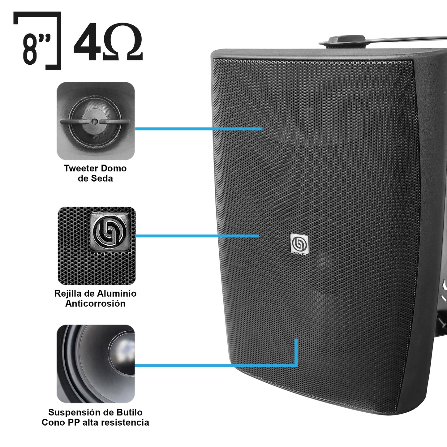 AB125-W80X4-KB Kit Amplificador 500W con 4 Bocinas 8" Negras Casa Negocio Steelpro