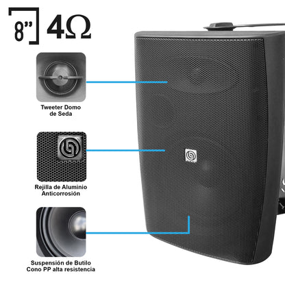 AB125-W80X4-KB Kit Amplificador 500W con 4 Bocinas 8" Negras Casa Negocio Steelpro