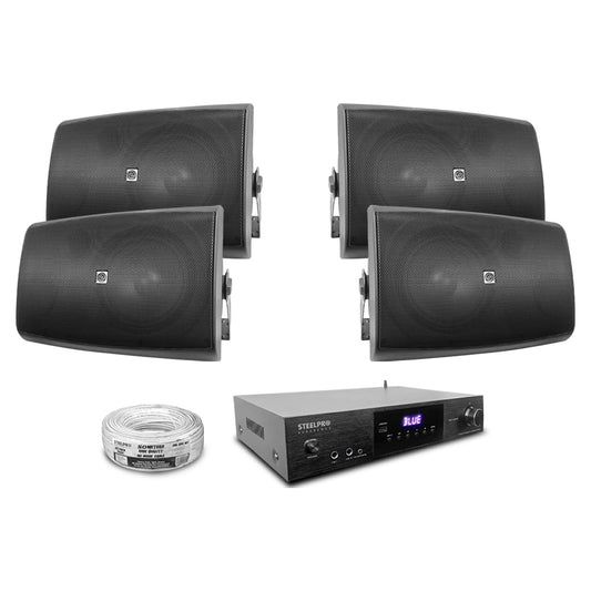 AB150-80X4-KB Kit Amplificador 600W con 4 Bocinas 8" Negras Casa Negocio Steelpro