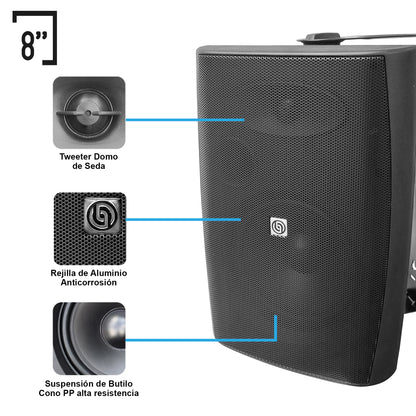 AB150-80X4-KB Kit Amplificador 600W con 4 Bocinas 8" Negras Casa Negocio Steelpro