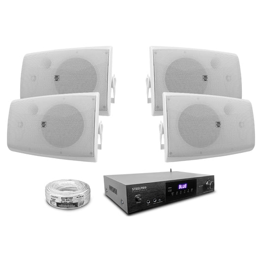 AB150-80X4-KW Kit Amplificador 600W con 4 Bocinas 8" Blancas Casa Negocio Steelpro