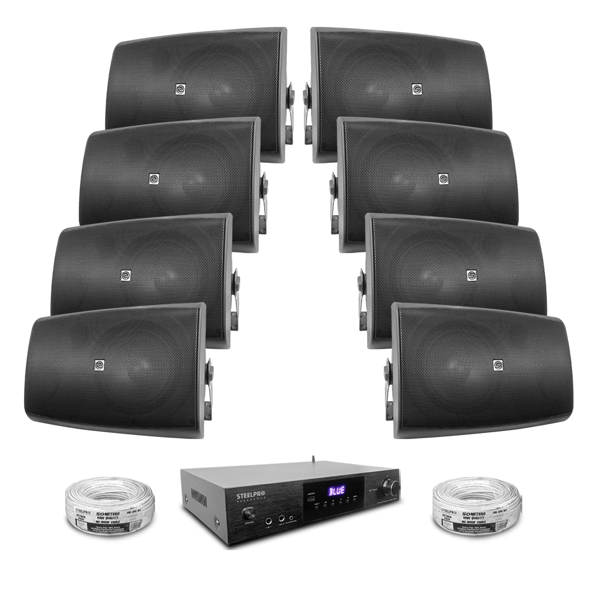 AB150-80X8-KB Kit Amplificador 600W con 8 Bocinas 8" Negras Casa Negocio Steelpro
