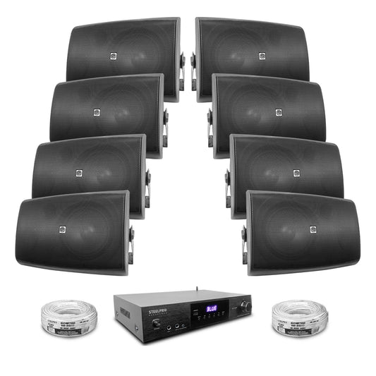 AB150-80X8-KB Kit Amplificador 600W con 8 Bocinas 8" Negras Casa Negocio Steelpro