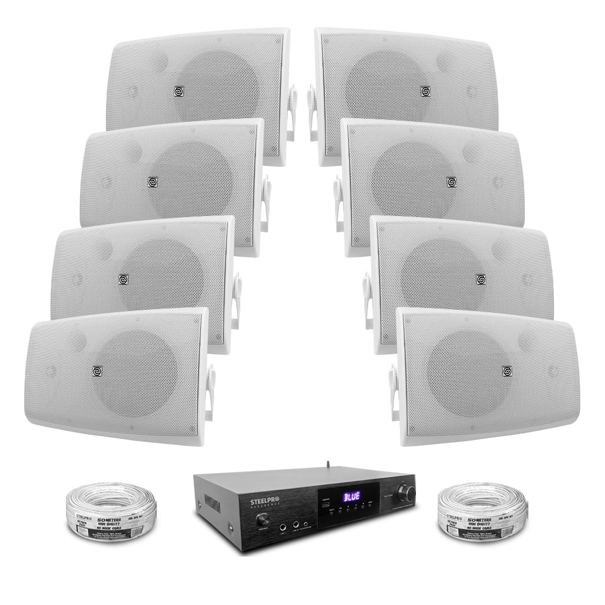 AB150-80X8-KW Kit Amplificador 600W con 8 Bocinas 8" Blancas Casa Negocio Steelpro