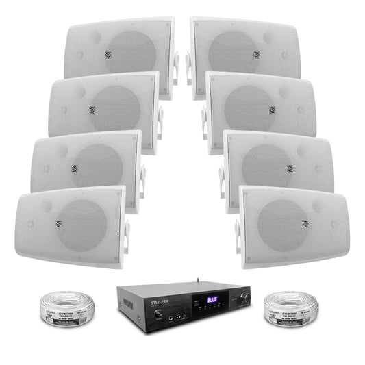 AB150-80X8-KW Kit Amplificador 600W con 8 Bocinas 8" Blancas Casa Negocio Steelpro