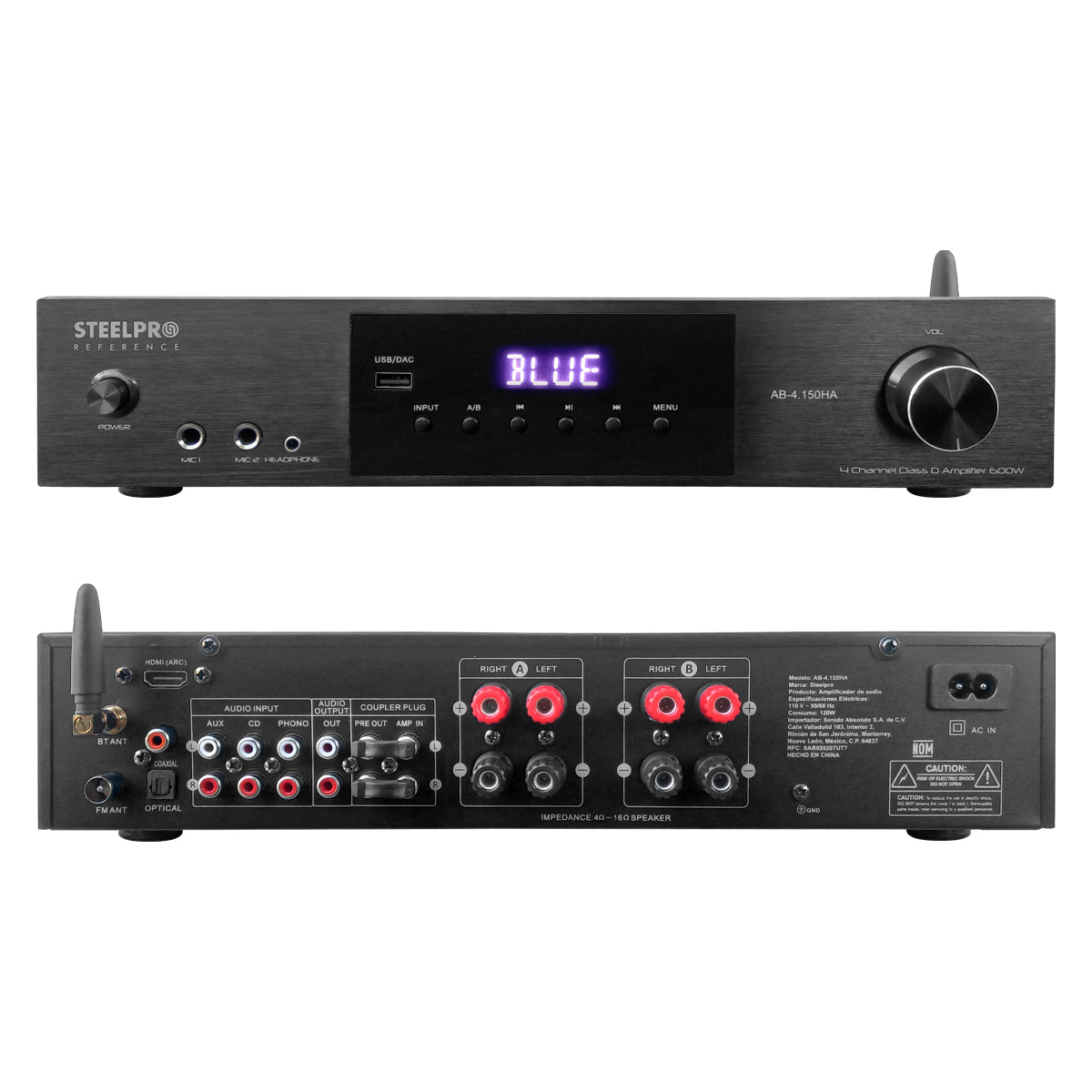 AB150-80X8-KW Kit Amplificador 600W con 8 Bocinas 8" Blancas Casa Negocio Steelpro