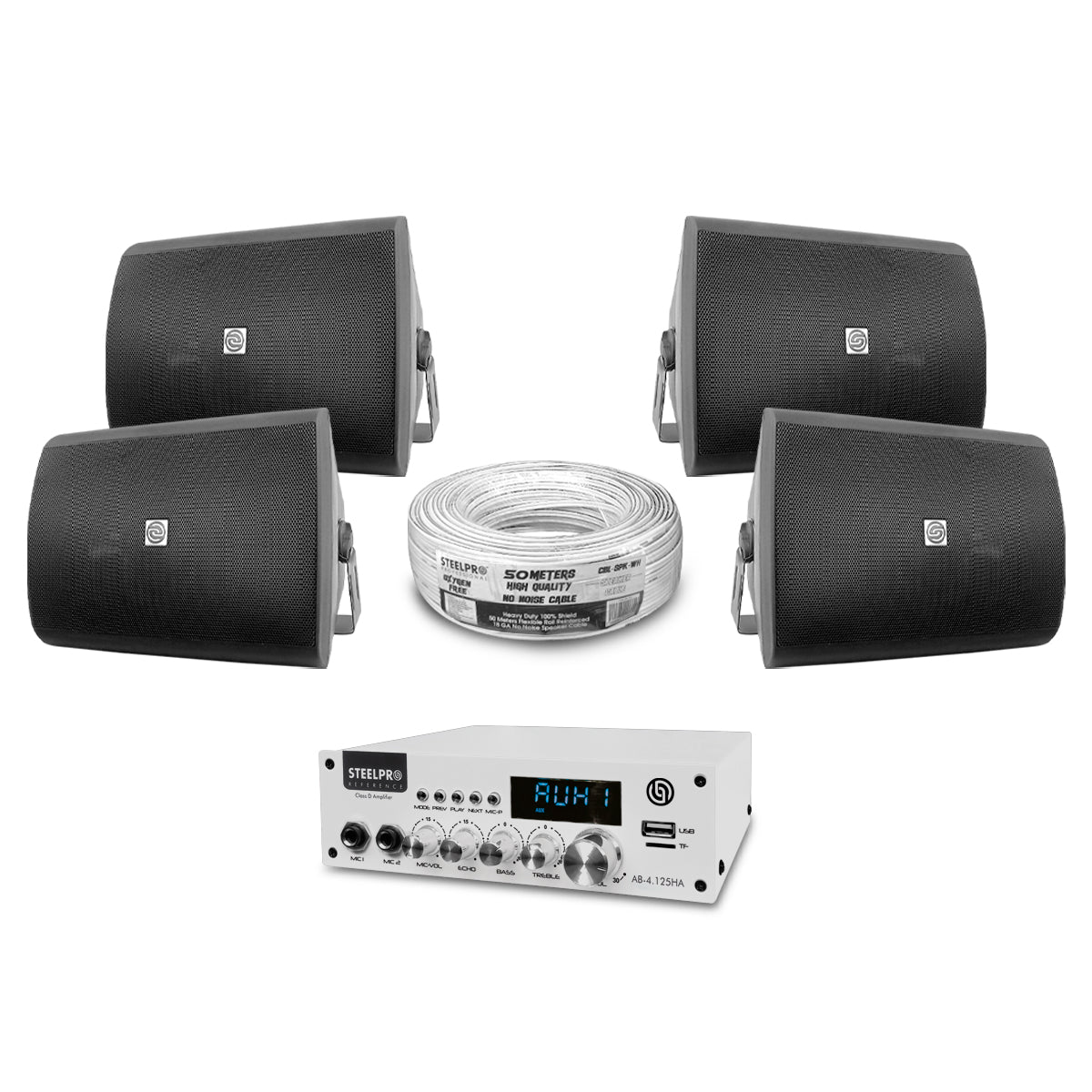 AB4125-52X4-KB Kit Amplificador 4x125W Bluetooth + 4 Bocinas Ambientales 5.25" Negras Audio Comercial Steelpro