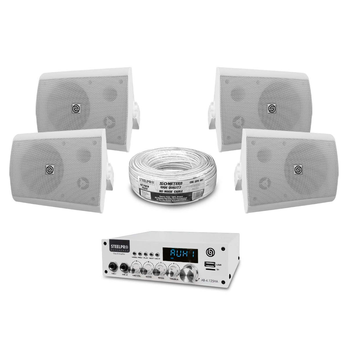 AB4125-52X4-KW Kit Amplificador 4x125W Bluetooth + 4 Bocinas Ambientales 5.25" Blancas Audio Comercial Steelpro