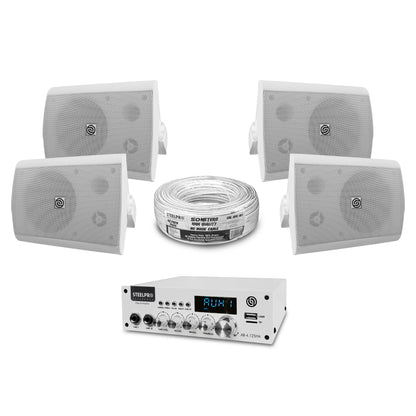 AB4125-52X4-KW Kit Amplificador 4x125W Bluetooth + 4 Bocinas Ambientales 5.25" Blancas Audio Comercial Steelpro