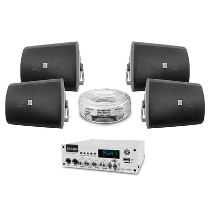 AB4125-W65X4-KB Kit Amplificador 4x125W Bluetooth + 4 Bocinas Ambientales 6.5" Negras Audio Comercial Steelpro