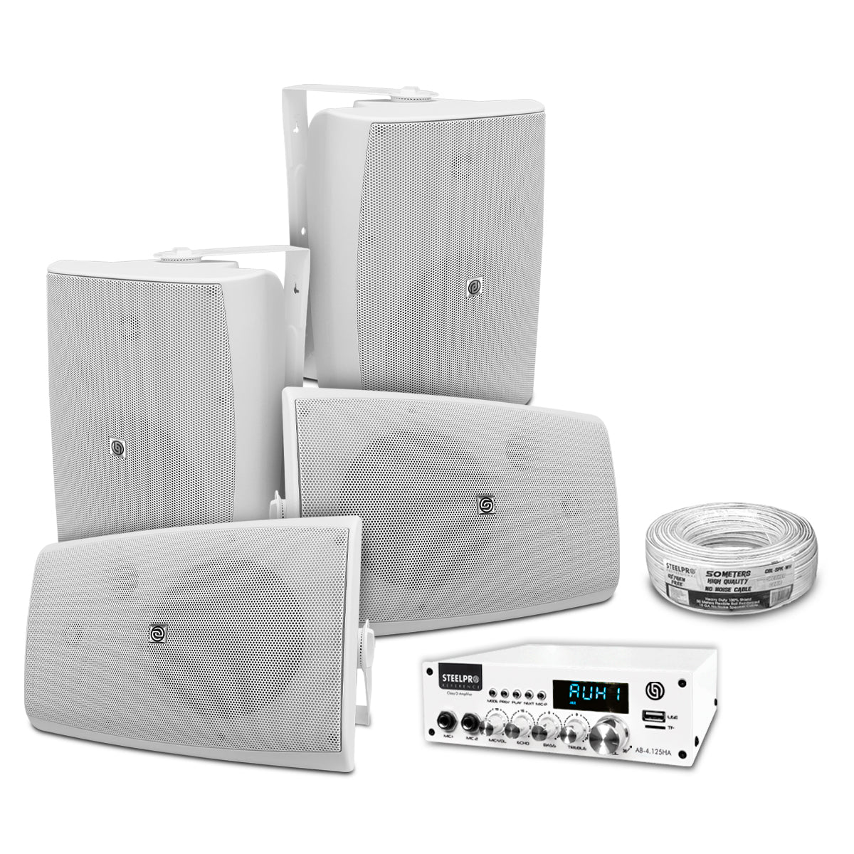 AB125-W80X4-KW Kit Amplificador 500W con 4 Bocinas 8" Blancas Casa Negocio Steelpro