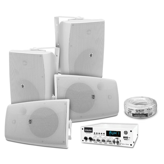 AB125-W80X4-KW Kit Amplificador 500W con 4 Bocinas 8" Blancas Casa Negocio Steelpro
