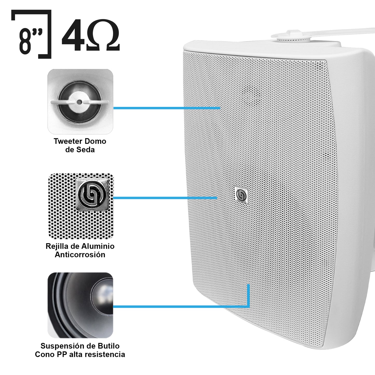 AB125-W80X4-KW Kit Amplificador 500W con 4 Bocinas 8" Blancas Casa Negocio Steelpro