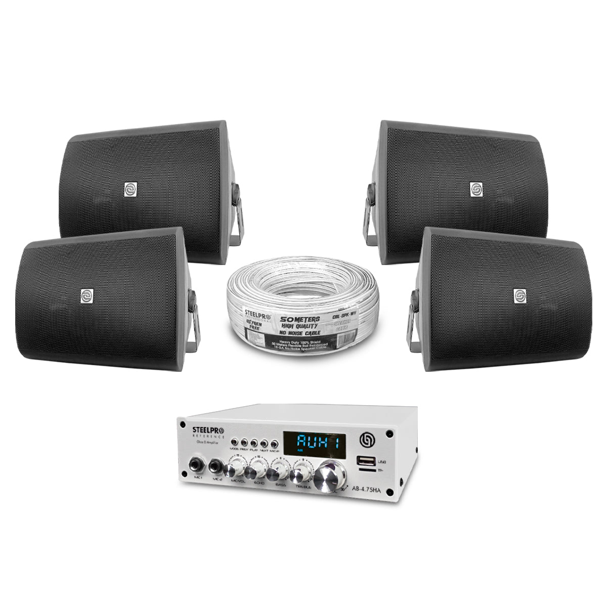 AB475-65K4-B Kit Amplificador 4x75W Bluetooth + 4 Bocinas Ambientales 6.5" Negras Audio Comercial Steelpro