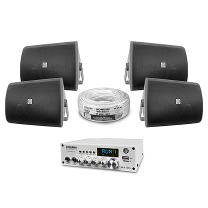 AB475-65K4-B Kit Amplificador 4x75W Bluetooth + 4 Bocinas Ambientales 6.5" Negras Audio Comercial Steelpro