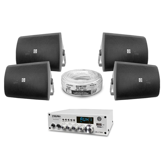 AB475-65K4-B Kit Amplificador 4x75W Bluetooth + 4 Bocinas Ambientales 6.5" Negras Audio Comercial Steelpro