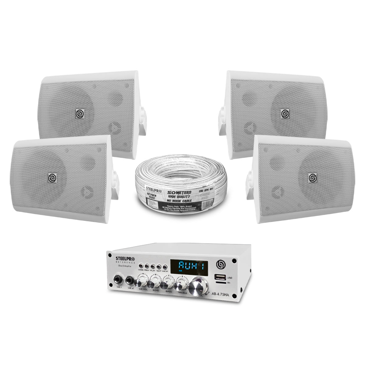 AB475-65K4-W Kit Amplificador 4x75W Bluetooth + 4 Bocinas Ambientales 6.5" Blancas Audio Comercial Steelpro