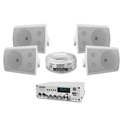 AB475-65K4-W Kit Amplificador 4x75W Bluetooth + 4 Bocinas Ambientales 6.5" Blancas Audio Comercial Steelpro