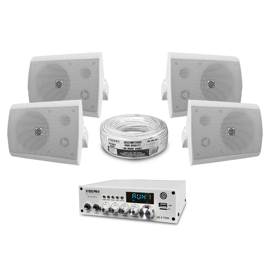 AB475-65K4-W Kit Amplificador 4x75W Bluetooth + 4 Bocinas Ambientales 6.5" Blancas Audio Comercial Steelpro