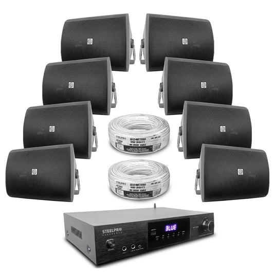 AB150-52X8-KB Kit Audio Ambiental Amplificador 8 Canales + 4 Bocinas 5.25" Negras Bluetooth Clase D 100m Cable Steelpro