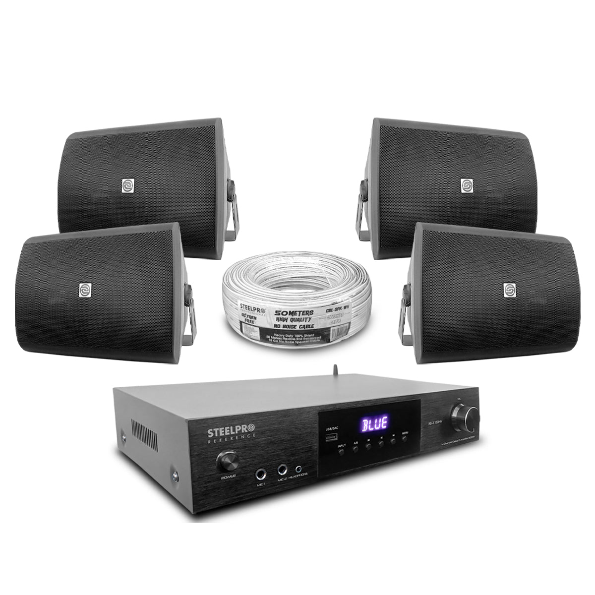 AB150-52X4-KB Kit Audio Ambiental Amplificador 8 Canales + 4 Bocinas 5.25" Negras Bluetooth Clase D 100m Cable Steelpro (Copia)