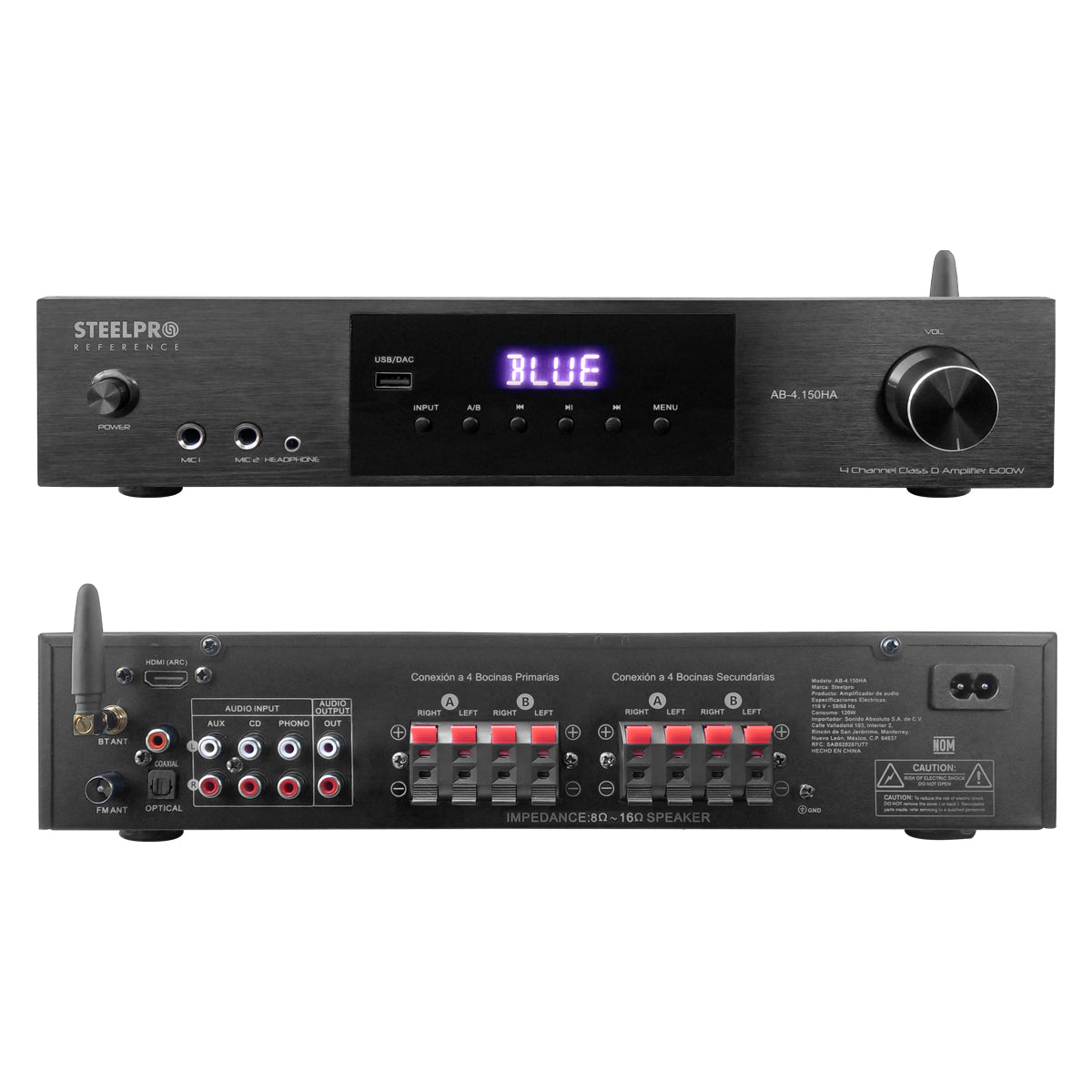 AB-4.150HA Amplificador Audio 8 Canales 600W Bluetooth USB DAC Zona A/B 4x150W Bocinas 8 Ohms Steelpro