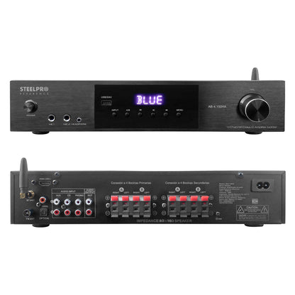 AB-4.150HA Amplificador Audio 8 Canales 600W Bluetooth USB DAC Zona A/B 4x150W Bocinas 8 Ohms Steelpro