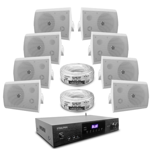 AB150-52X8-KW Kit Audio Ambiental Amplificador 8 Canales + 8 Bocinas 5.25" Blancas Bluetooth Clase D 100m Cable Steelpro