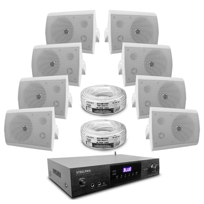 AB150-65X8-KW Kit Audio Ambiental Amplificador 8 Canales + 8 Bocinas 6.5" Blancas Bluetooth Clase D 100m Cable Steelpro