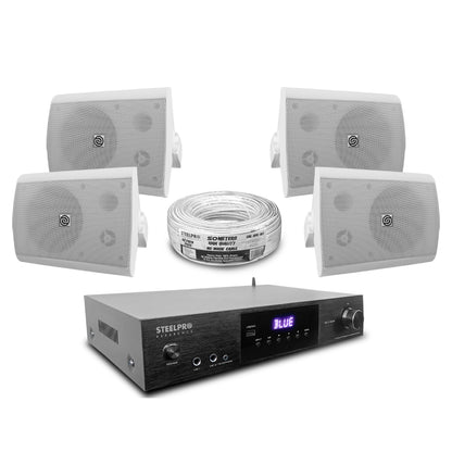AB150-65X4-KW Kit Audio Ambiental Amplificador 8 Canales + 4 Bocinas 6.5" Blancas Bluetooth Clase D 100m Cable Steelpro