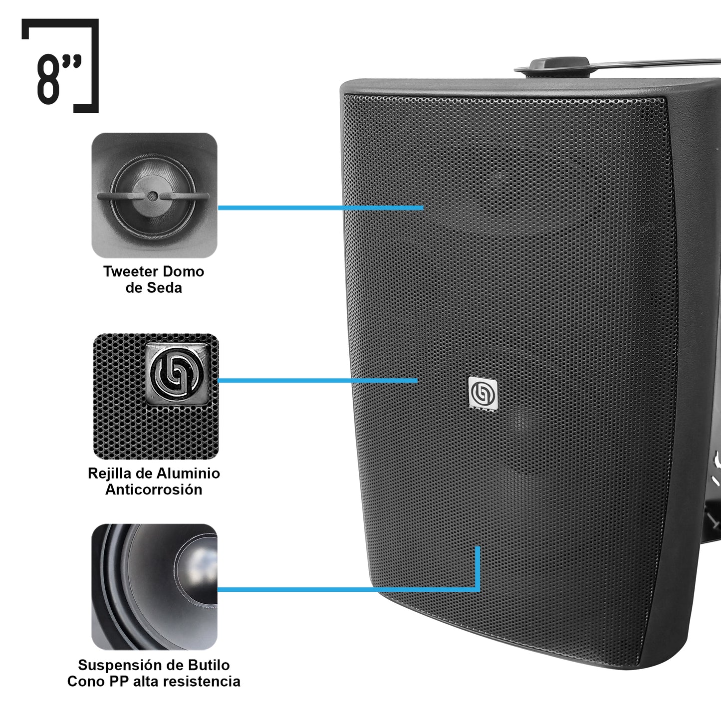 KIT2-AB680X12-BLK Kit Audio Ambiental Amplificador Clase D 12 Canales Bluetooth ARC USB-DAC 12 Bocinas Ambientales Negras 8 Pulgadas Incluye 100 Metros de Cable Steelpro