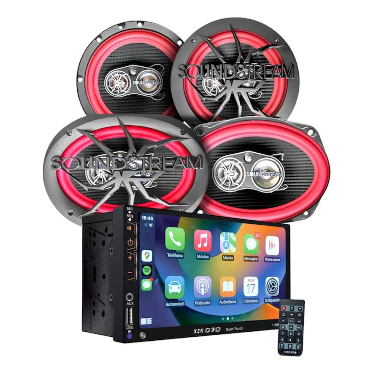 Kit Estereo Pantalla Carplay Bt + Bocinas 6x9 Y 6.5 Steelpro