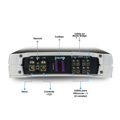 Amplificador OC4-1850D 4 Canales Omicron by Steelpro para Bocinas/Medios Rangos , Full Range 4/2 Ohms Estable, Alto Rendimiento Open Show, Crossover HPF/LPF/ FULL, Modo Bridge para bajos / Bass Boost 6dB