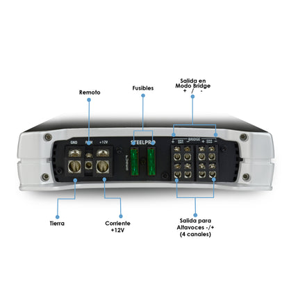 Amplificador OC4-1050D 4 Canales Omicron by Steelpro para Bocinas/Medios Rangos , Full Range 4/2 Ohms Estable, Alto Rendimiento Open Show, Crossover HPF/LPF/ FULL, Modo Bridge para bajos / Bass Boost 6dB