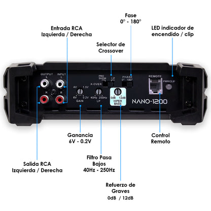 Amplificador  Nano 1200  Steelpro para Subwoofer  Monoblock Bass 1200W MAX 2  Ohm estable Alto Rendimiento Open Show, Crossover LPF/FULL, Bass Boost 12 dB, Fase Variable, Control de Bajos