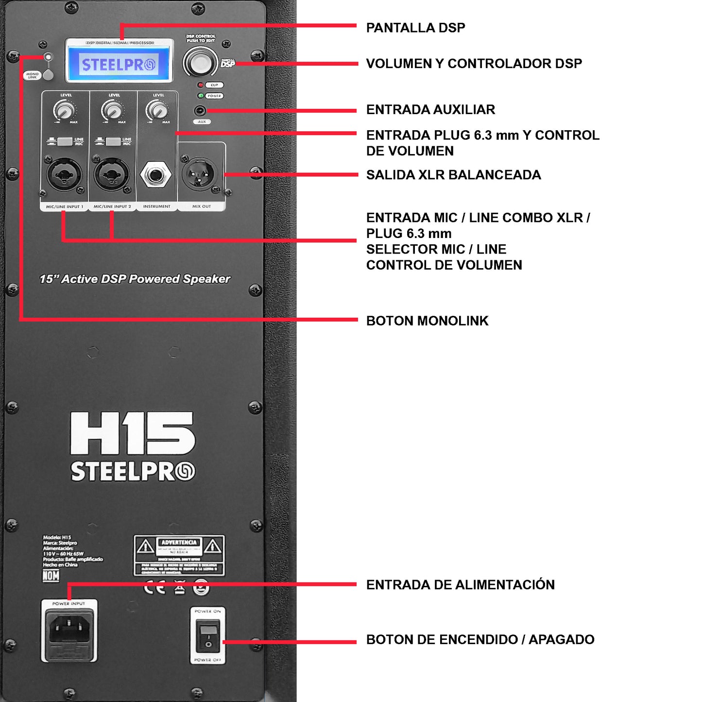 Bafle Profesional 15 Amplificado Dsp 350w Rms H15 Steelpro