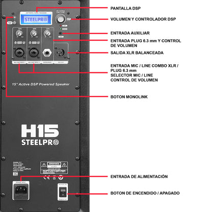Bafle Profesional 15 Amplificado Dsp 350w Rms H15 Steelpro