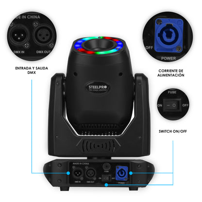 PENTA-120H Cabeza Móvil Beam LED 120W Prisma 5 Caras Aro LED SMD 7 Gobos Rotatorios DMX Maestro Esclavo Audiorítmico Automático Iluminación Profesional Steelpro