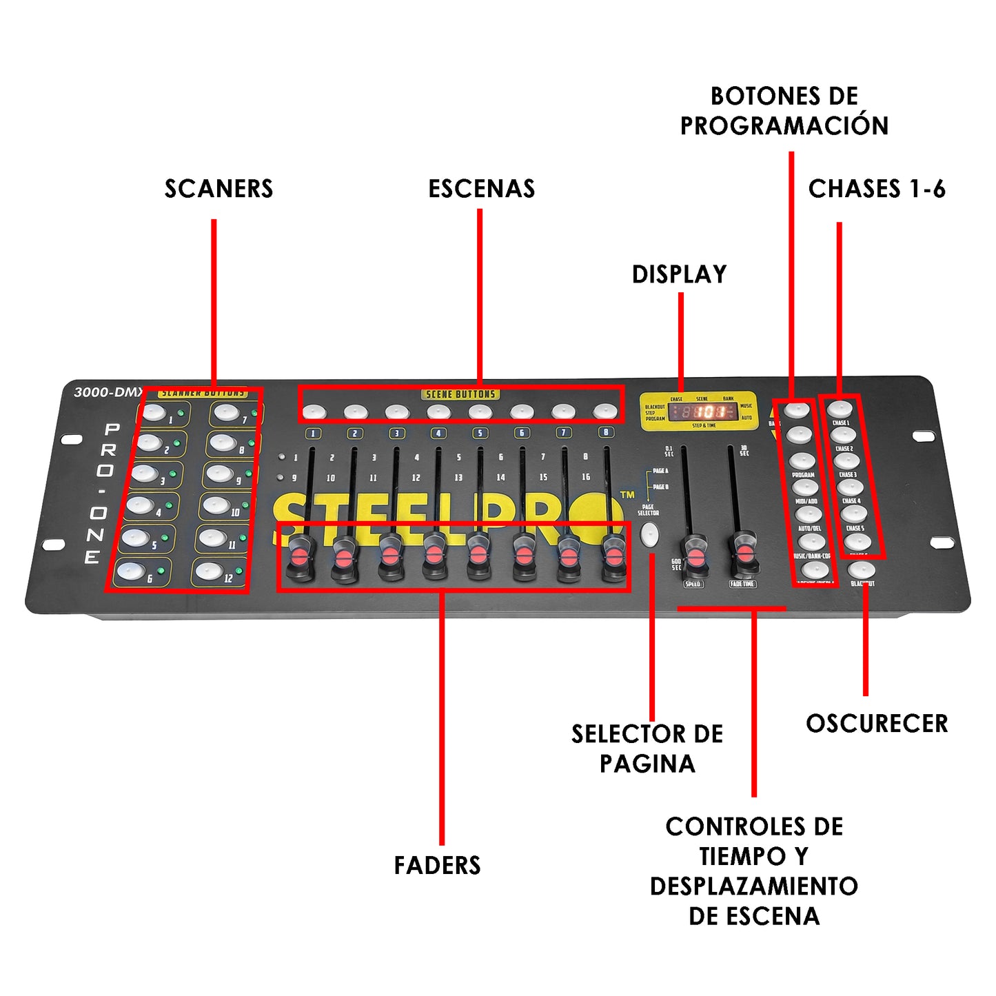3000-DMX PRO-ONE Controlador Profesional DMX 192 Canales Steelpro