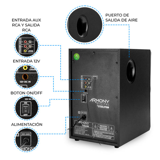 Minicomponente Home Theater Steelpro ARMONY B3.1 Sistema de Sonido 3.1 Bluetooth con Subwoofer 6.5” 220W RMS + 85W x3 Satélites